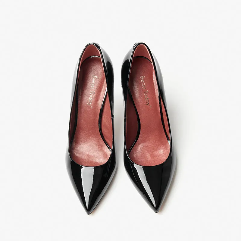 BeauToday Women Patent Leather Pointed Toe Stiletto Shallow Slip-on Classic Heels