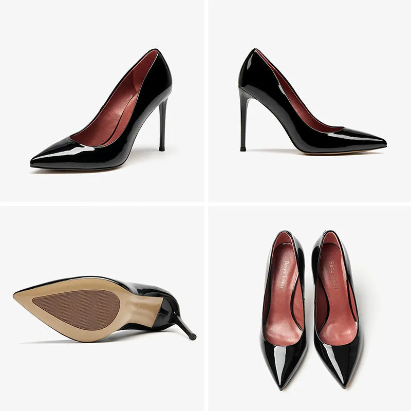 BeauToday Women Patent Leather Pointed Toe Stiletto Shallow Slip-on Classic Heels