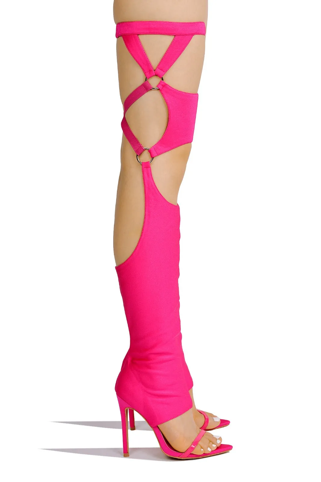 Cape Robbin Gealia Pink Stiletto Heel Pointed Toe Thigh High Gladiator Sandals