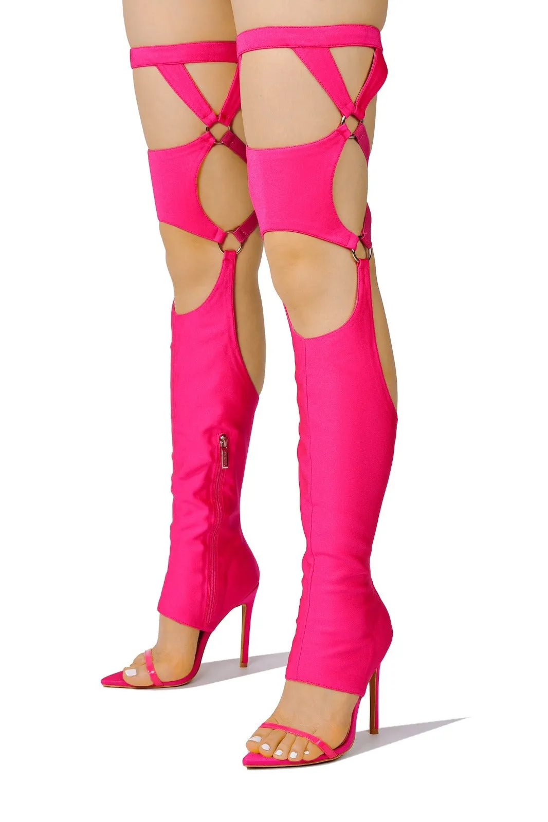 Cape Robbin Gealia Pink Stiletto Heel Pointed Toe Thigh High Gladiator Sandals