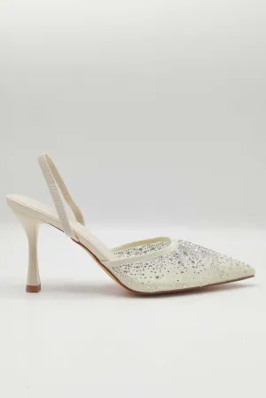 Cedilia Gemstone Embellished Mesh Slingback Court Shoes in Nude
