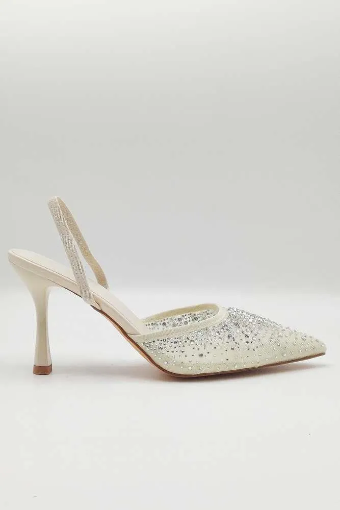 Cedilia Gemstone Embellished Mesh Slingback Court Shoes in Nude