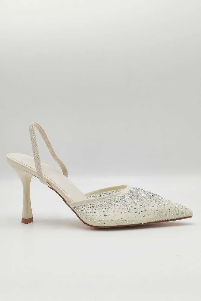 Cedilia Gemstone Embellished Mesh Slingback Court Shoes in Nude