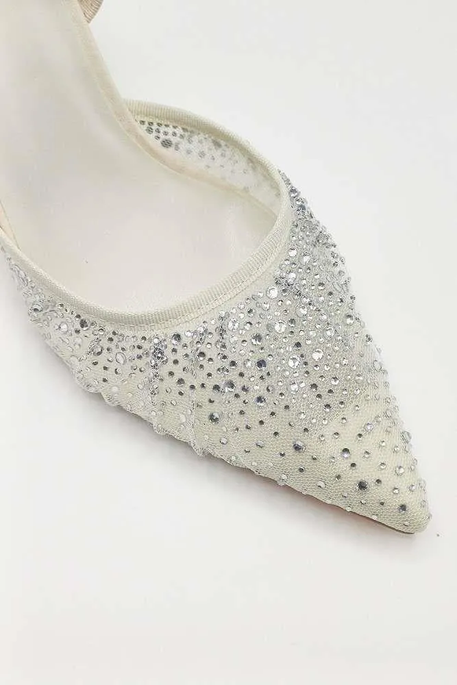 Cedilia Gemstone Embellished Mesh Slingback Court Shoes in Nude