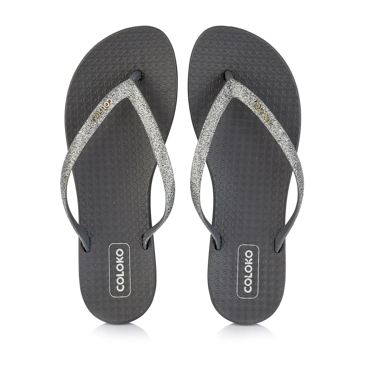 Coloko Orchid Pewter Grey Glitter Curve Slim Sole Sparkly Glamorous Flip Flops