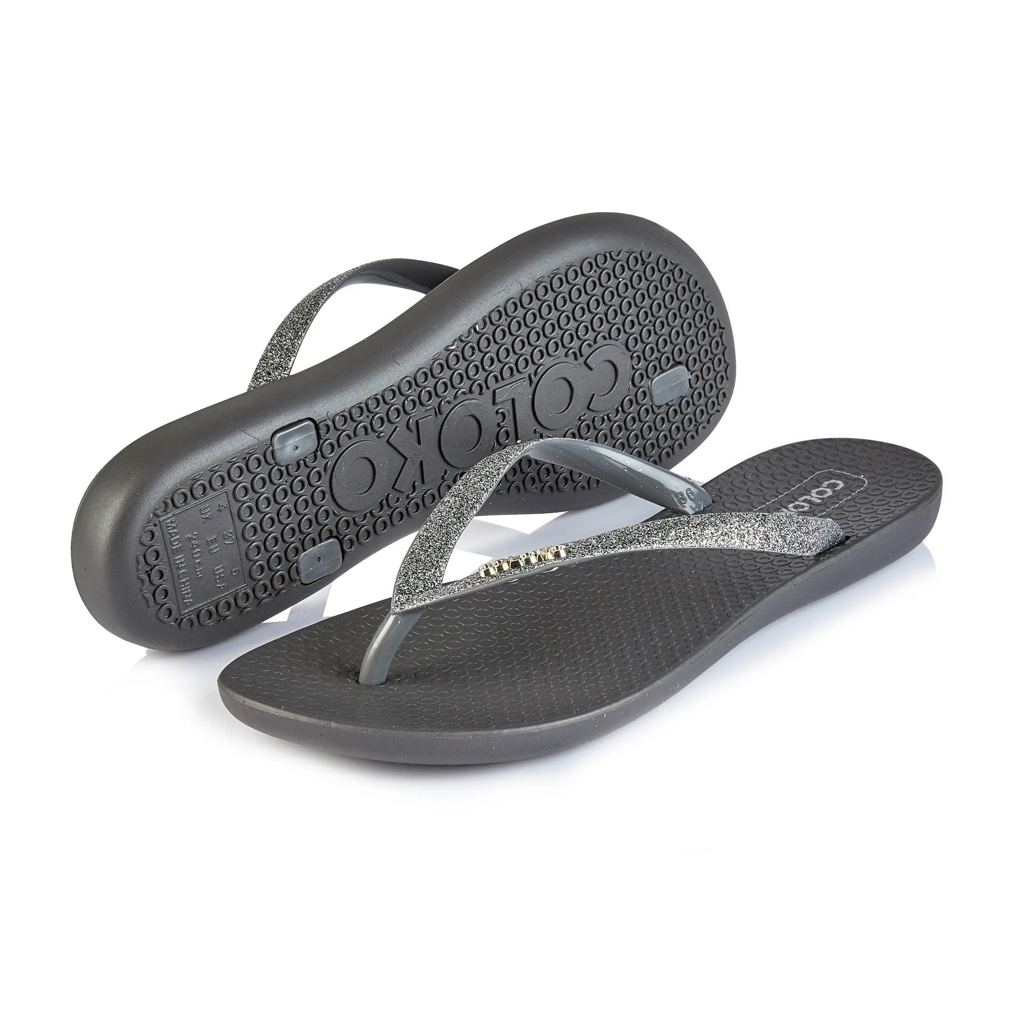 Coloko Orchid Pewter Grey Glitter Curve Slim Sole Sparkly Glamorous Flip Flops