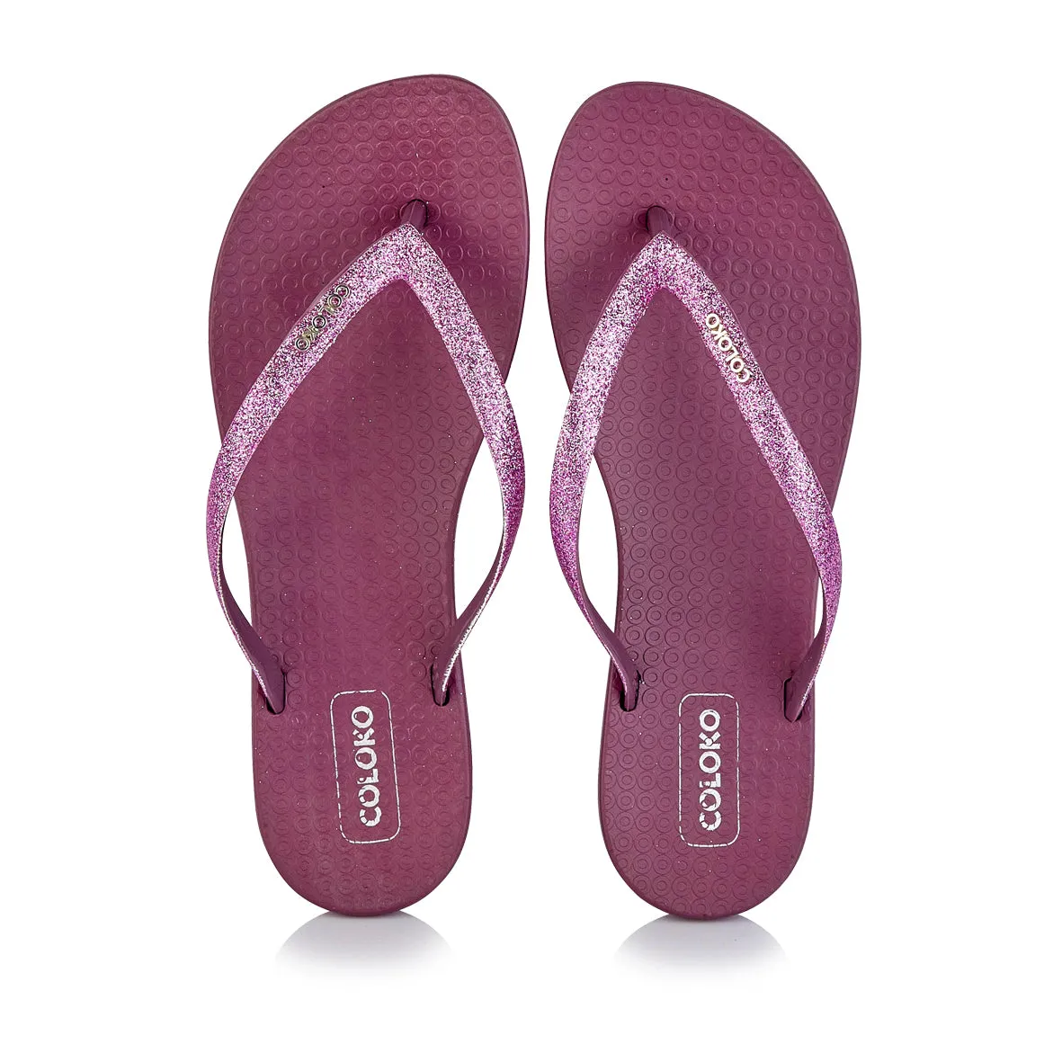 Coloko Orchid Purple Glitter Curve Slim Sole Sparkly Glamorous Flip Flops