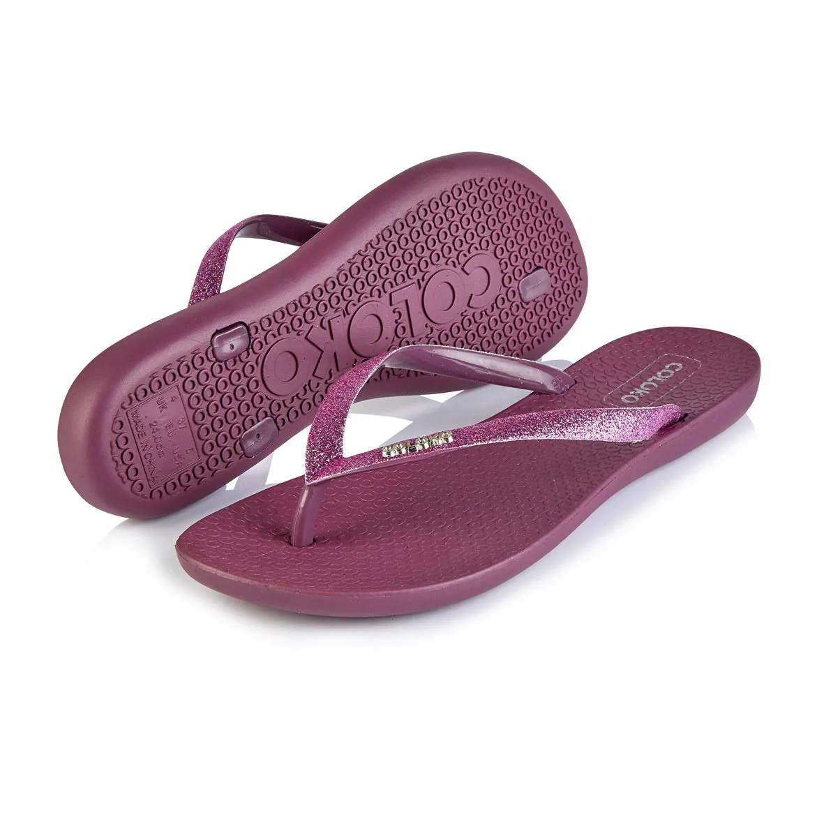 Coloko Orchid Purple Glitter Curve Slim Sole Sparkly Glamorous Flip Flops