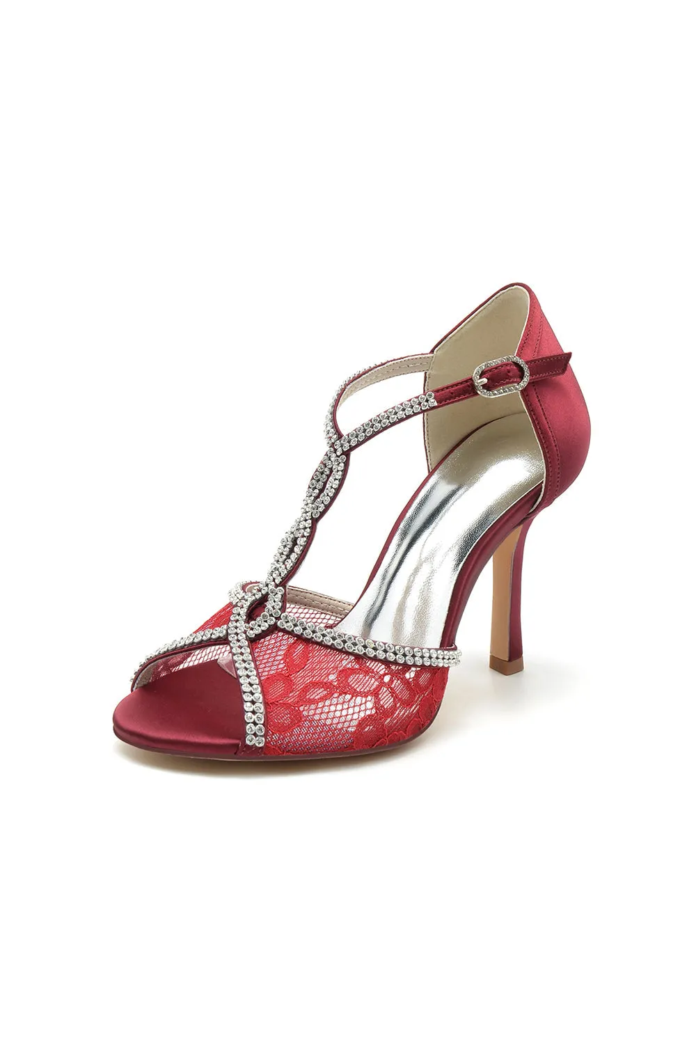 Elegant Lace Open Point Toe Stiletto Heels with Rhinestone