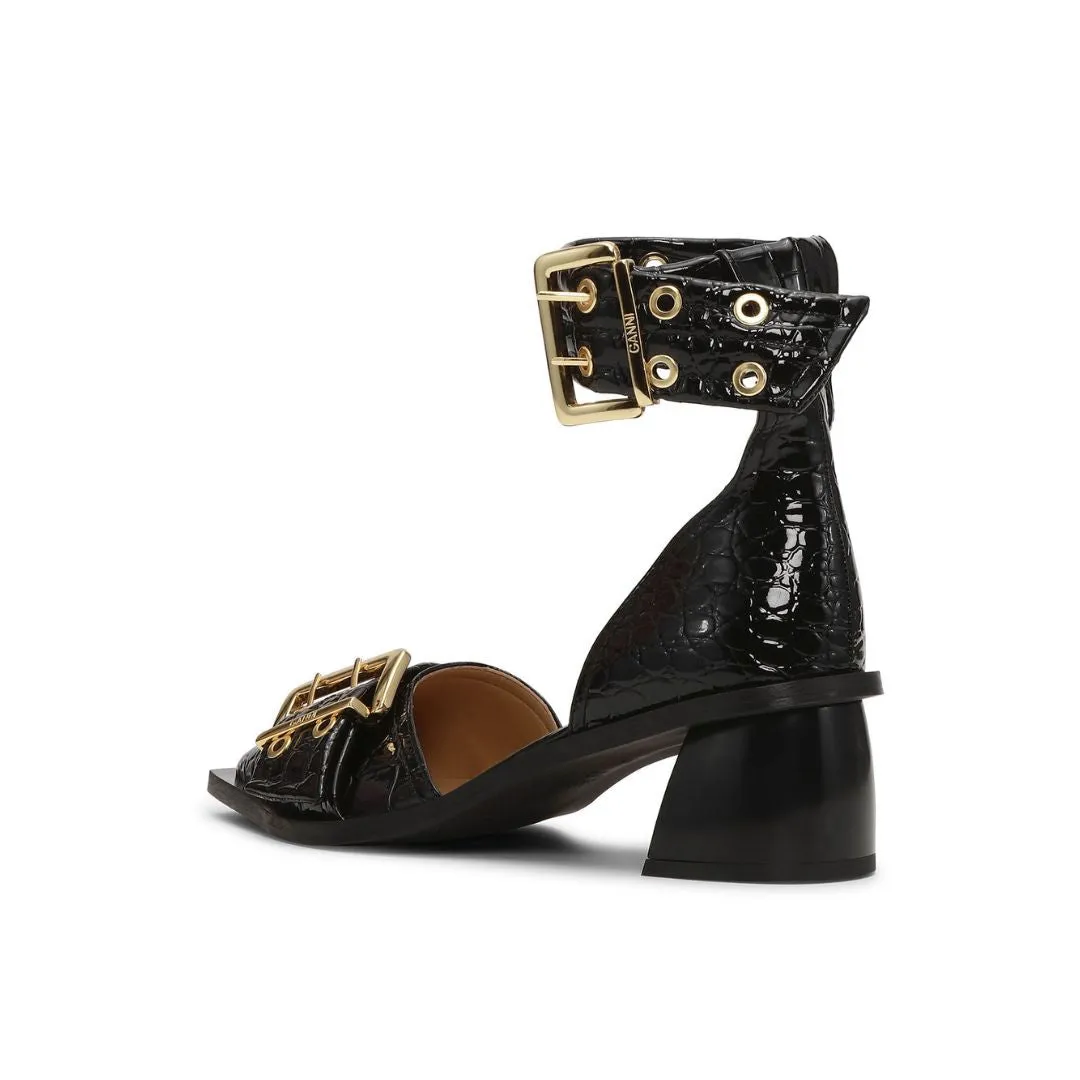 Feminine Buckle Open Cut Pump Patent Croco (Black)