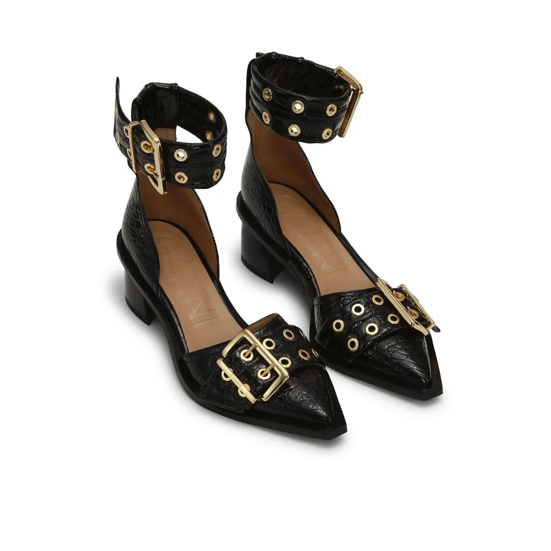 Feminine Buckle Open Cut Pump Patent Croco (Black)