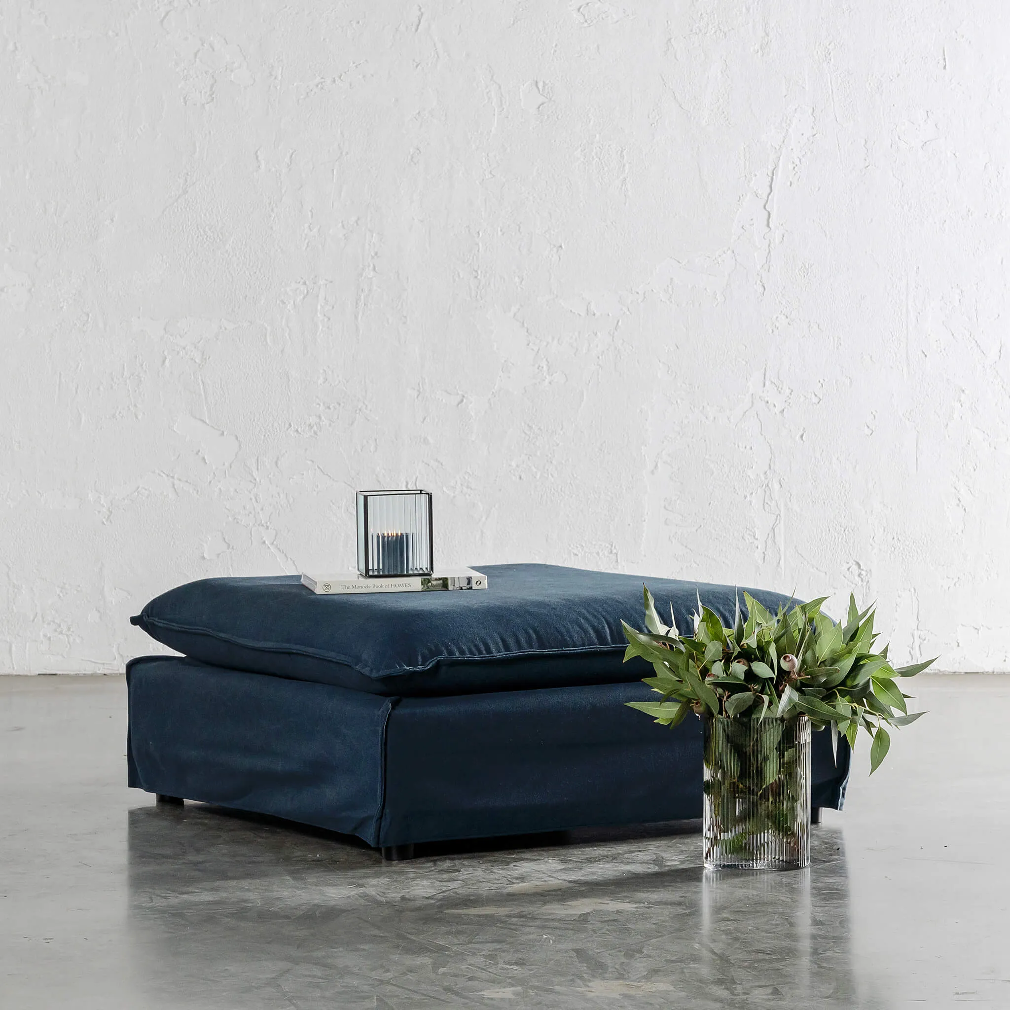 SEVILLA SLIP COVER SQUARE OTTOMAN   |  MIDNIGHT DENIM