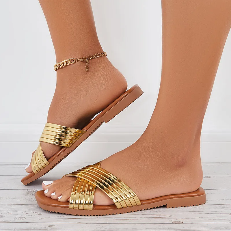 Sohiwoo Women Shiny Criss Cross Flats Open Toe Slide Sandals Slip on Beach Slippers