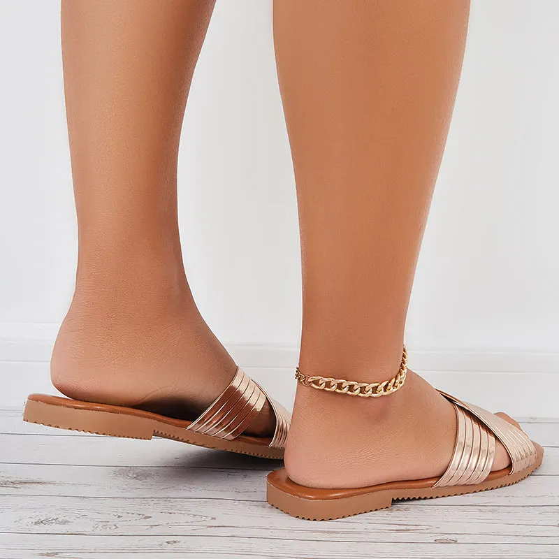 Sohiwoo Women Shiny Criss Cross Flats Open Toe Slide Sandals Slip on Beach Slippers