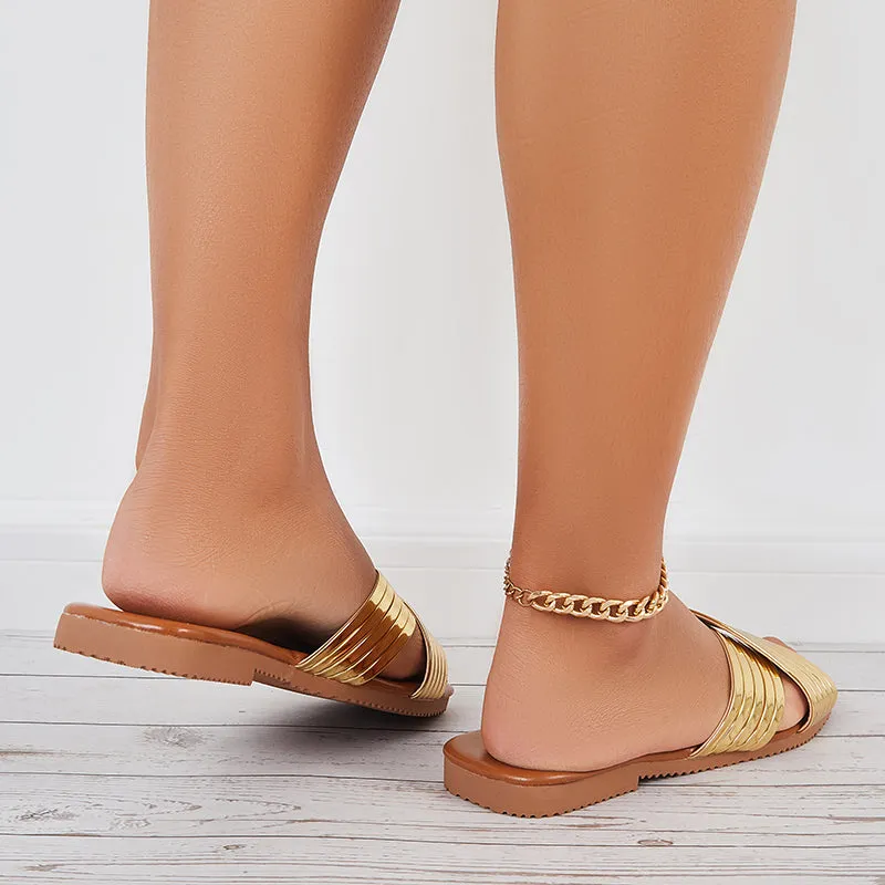 Sohiwoo Women Shiny Criss Cross Flats Open Toe Slide Sandals Slip on Beach Slippers