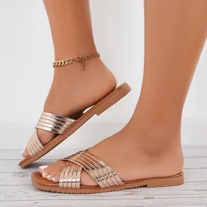 Sohiwoo Women Shiny Criss Cross Flats Open Toe Slide Sandals Slip on Beach Slippers